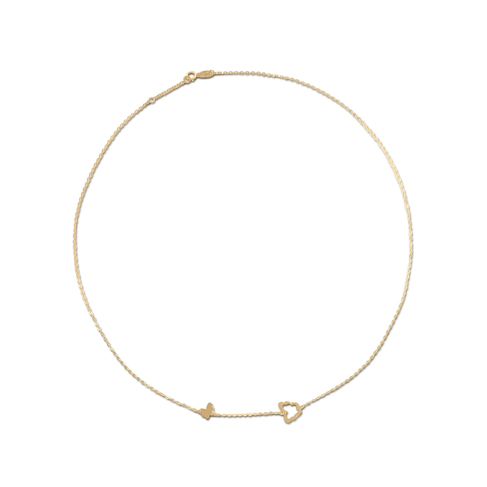 9ct yellow gold necklace with a cut out butterfly charm and a smaller solid butterfly charm