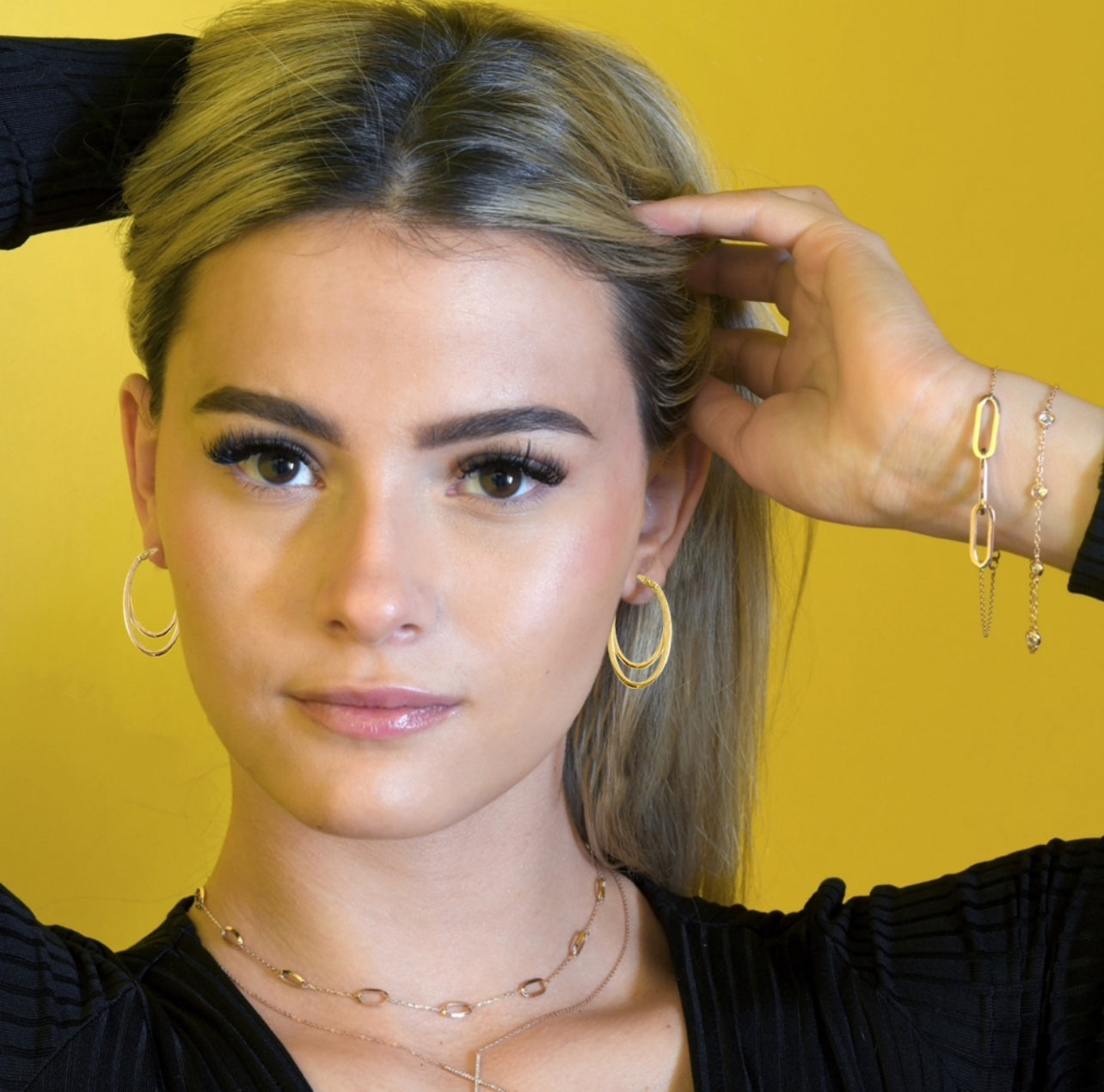 Double Layer Yellow Gold Oval Hoops (20mm x 10mm)