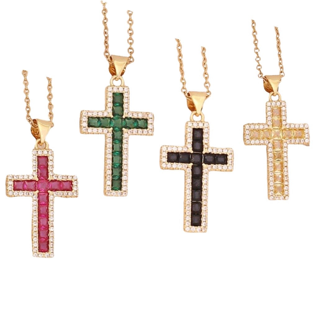 ruby pink, emerald green , black and yellow cross pendant necklaces baquette style with clear cubic zirconia border