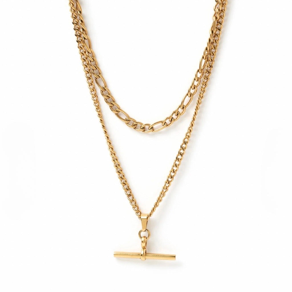 two layered necklaces with fob in gold