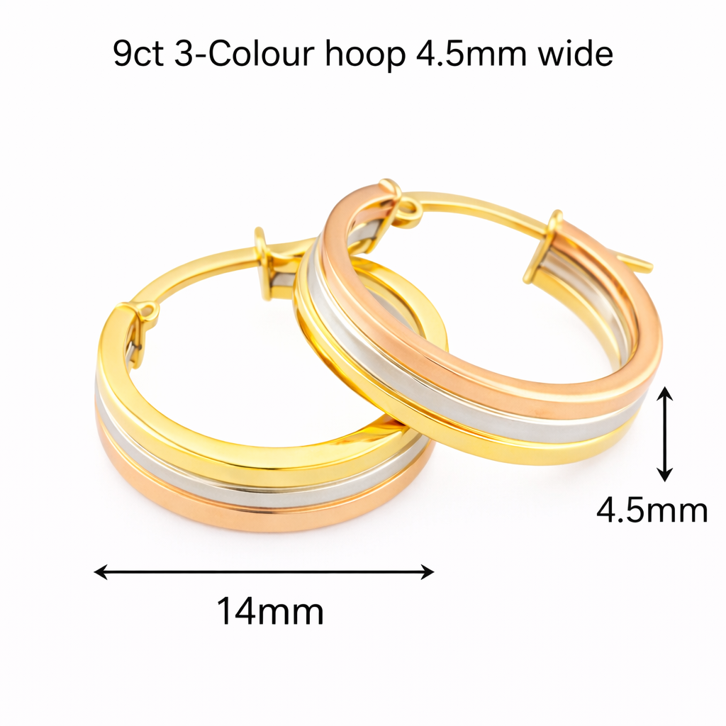 3 Colour Gold Hoop Earrings 14mm x 4.5mm