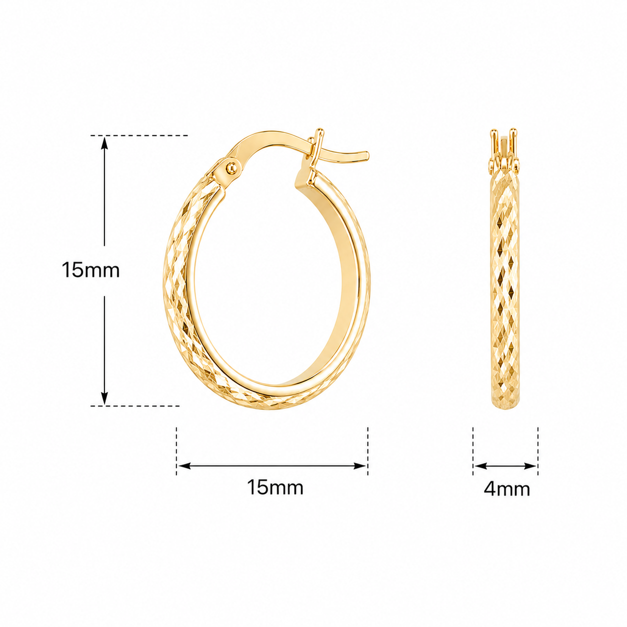 9ct Yellow Gold Diamond Cut Hoop Earrings – 15mm