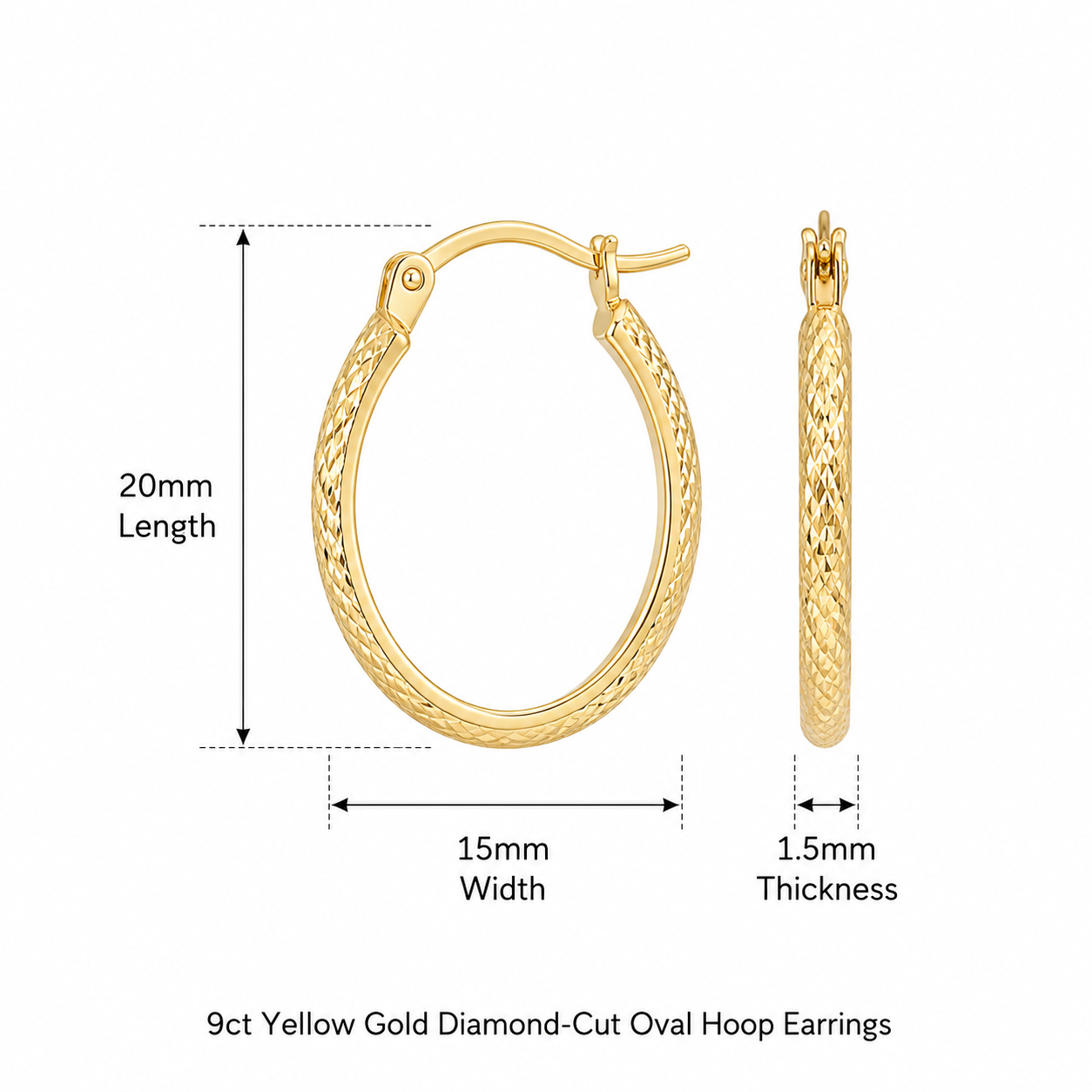 Vixen 9ct Yellow Gold Diamond-Cut Oval Hoop Earrings 20mm