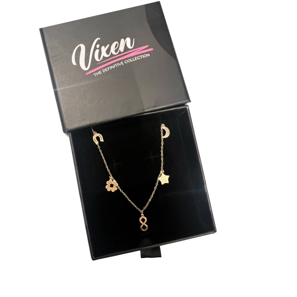 charm bracelet in 9ct yellow gold with horseshoe, flower, infinity, moon and star charm bracelet