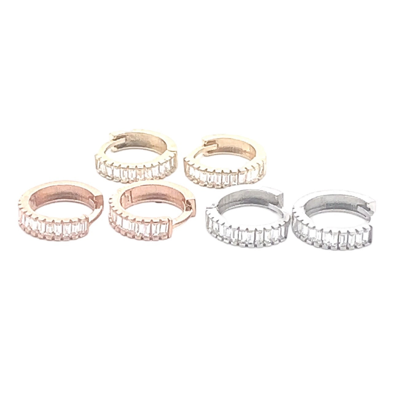 9ct gold baguette huggie earrings in yellow rose or white gold