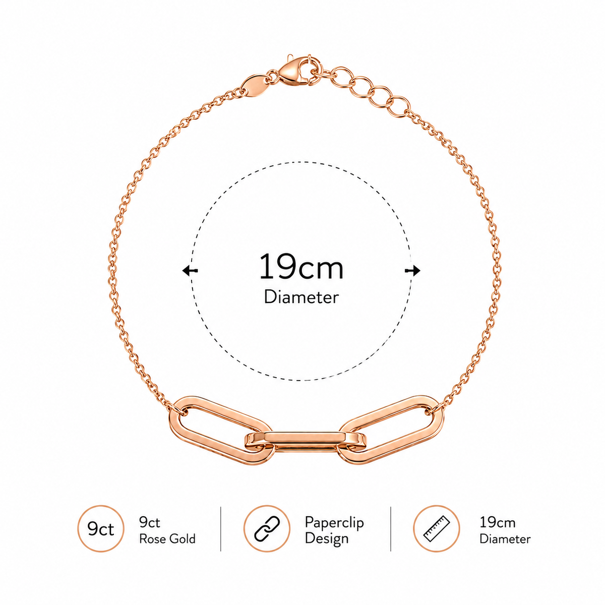 9ct Rose Gold Multi-Link Paperclip Bracelet 19cm
