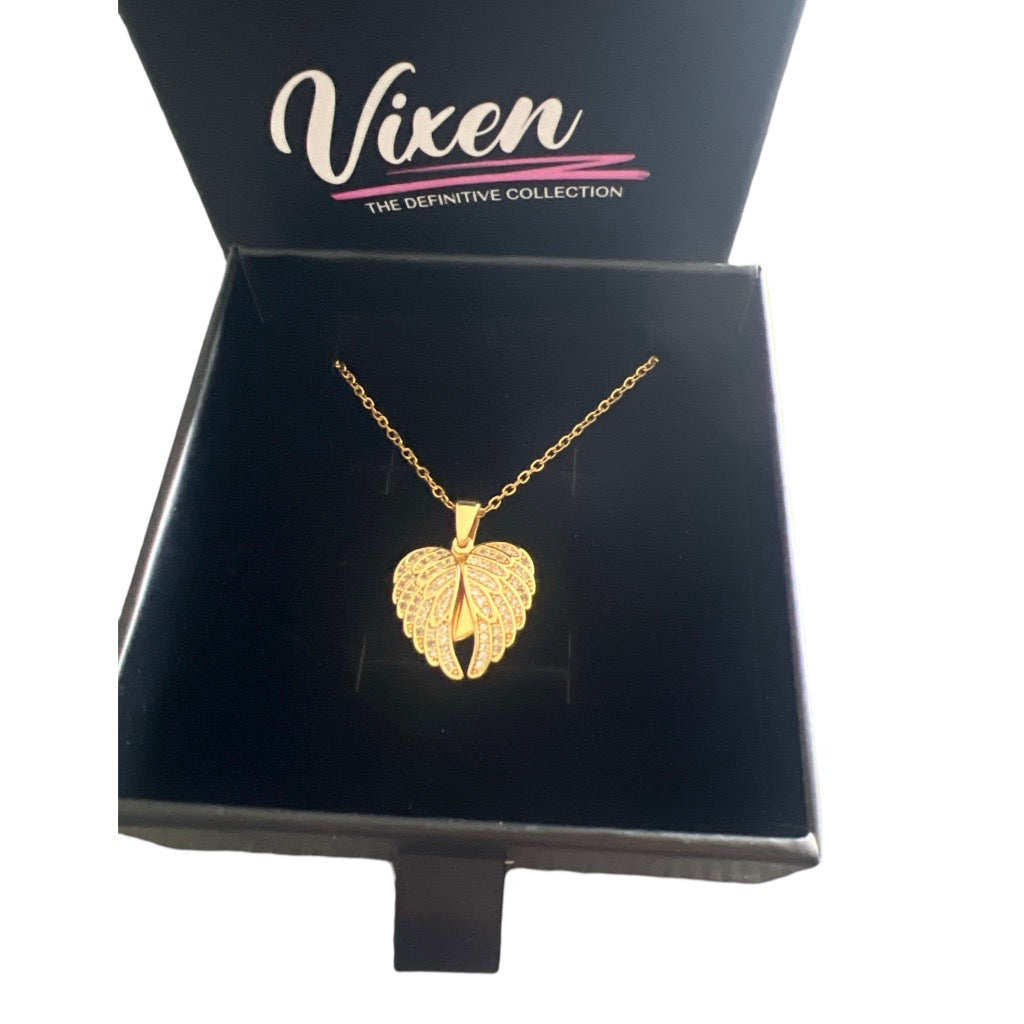 Angel Wings Necklace with embellished wings in cubic zirconias in vixen the definitive collection jewellery box