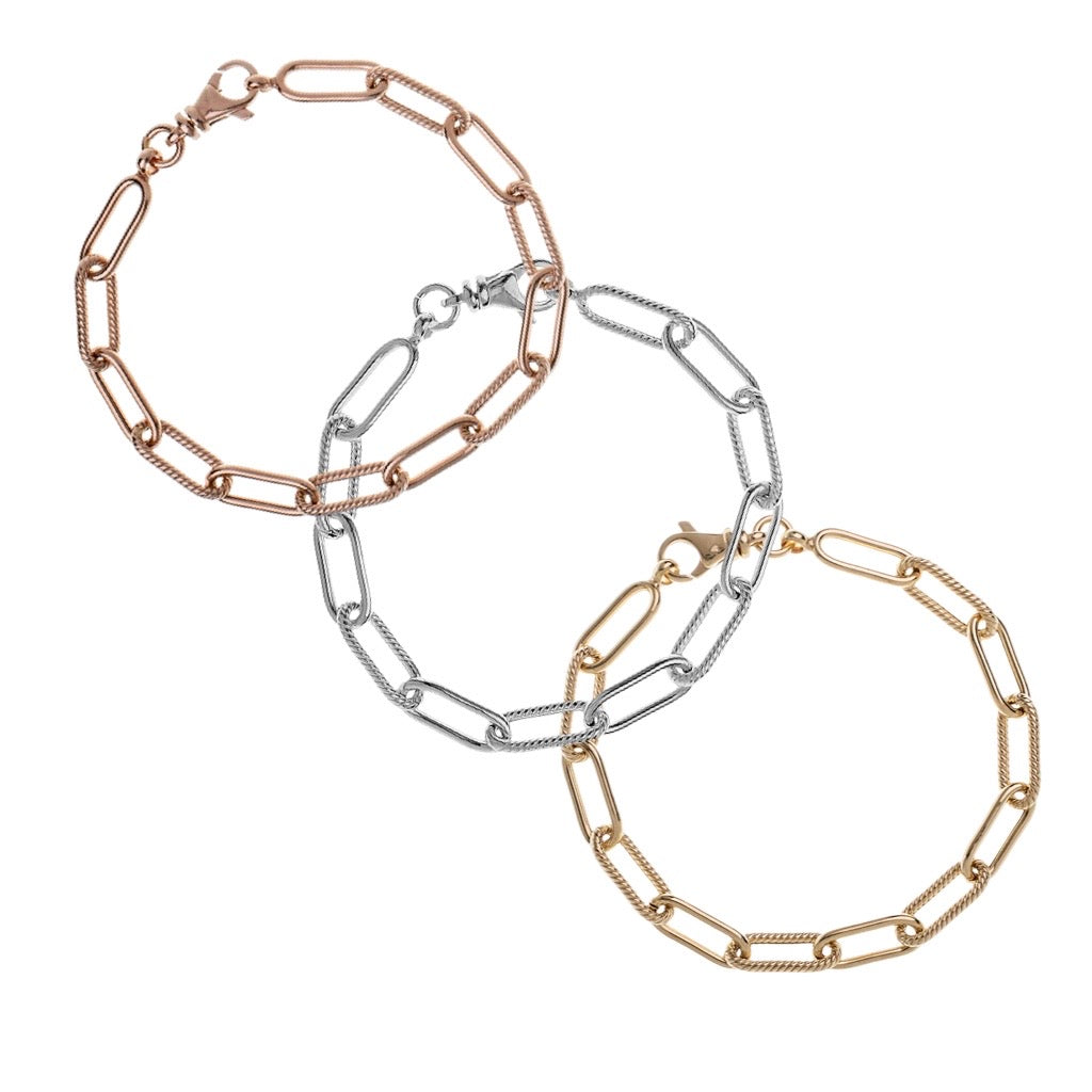 silver, rose and yellow bold fancy paperclip bracelet