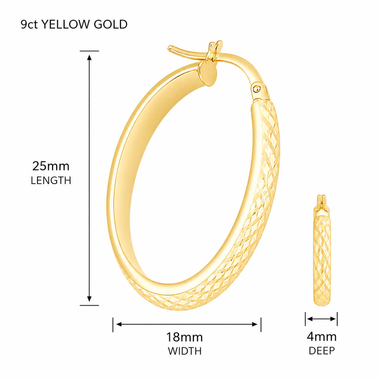 9ct Yellow Gold Diamond-Cut Oval Hoop Earrings