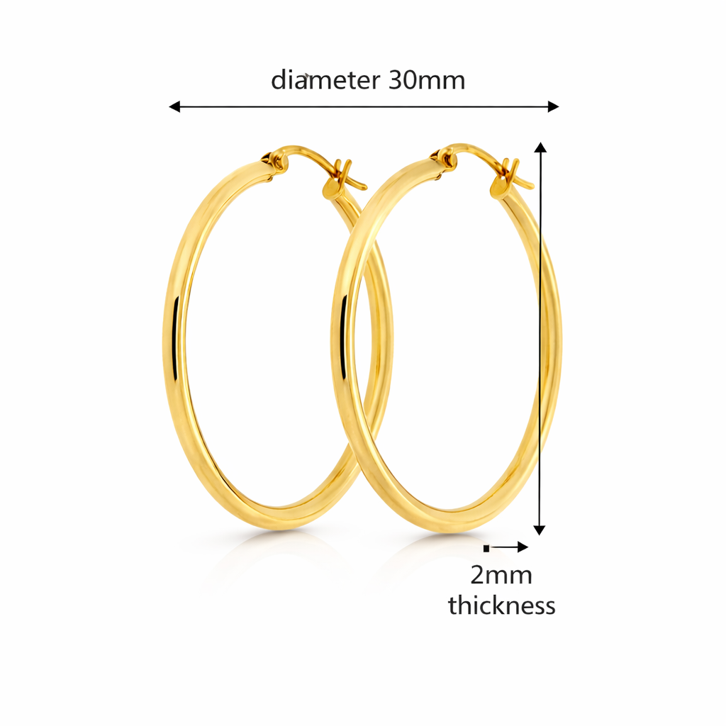 9ct Yellow Gold Hoop Earrings 30mm x 2mm