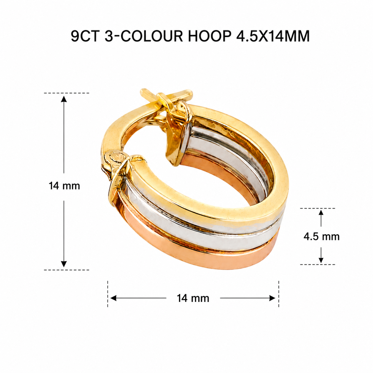 9CT Yellow, White & Rose Gold Hoop Earrings – 14mm x 4.5mm