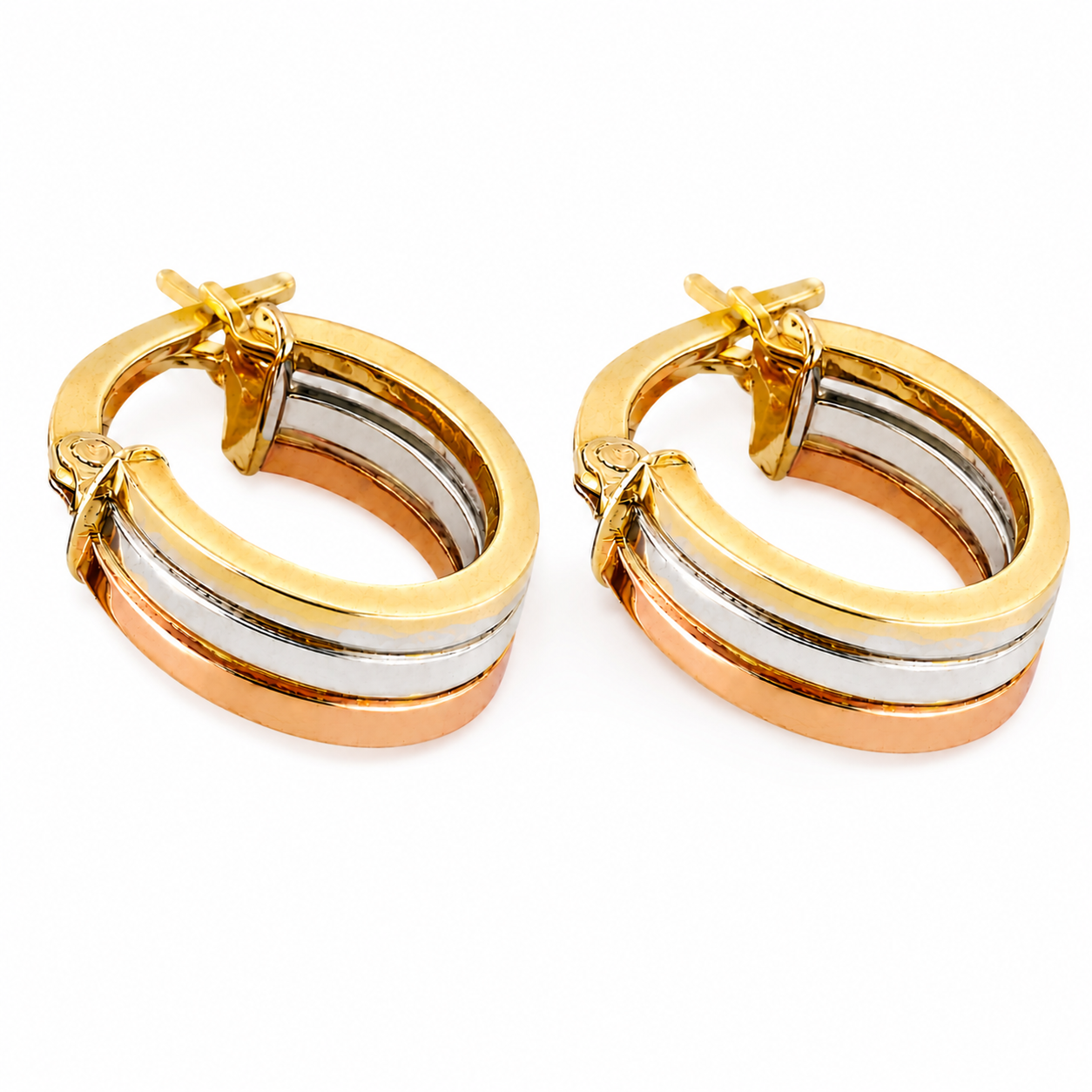 9CT Yellow, White & Rose Gold Hoop Earrings – 14mm x 4.5mm