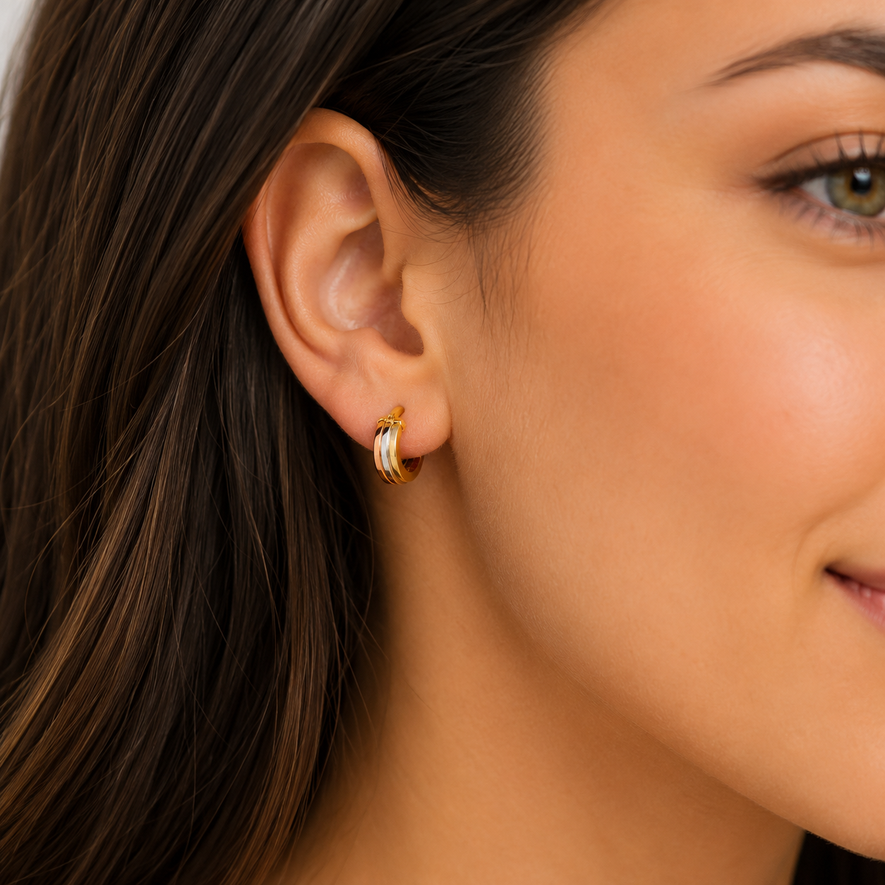 9CT Yellow, White & Rose Gold Hoop Earrings – 14mm x 4.5mm