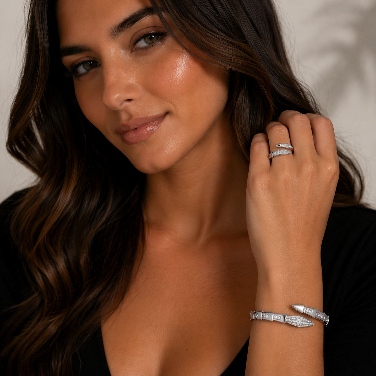 Statement Snake Bracelet and Ring Set - Silver