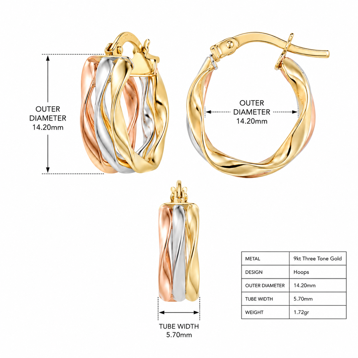 9ct Three Tone Gold Hoop Earrings