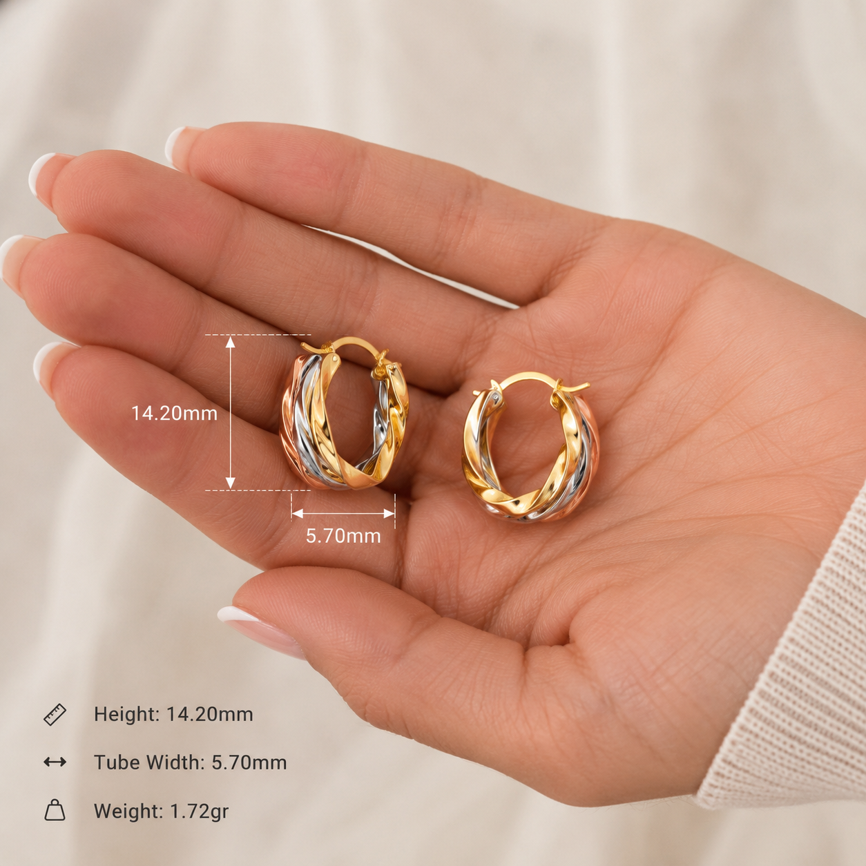 9ct Three Tone Gold Hoop Earrings