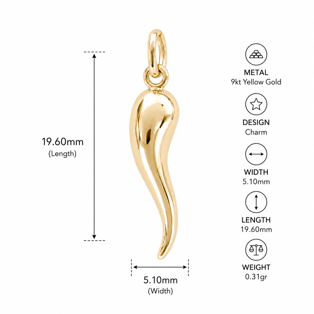 9ct Yellow Gold Italian Lucky Horn Charm