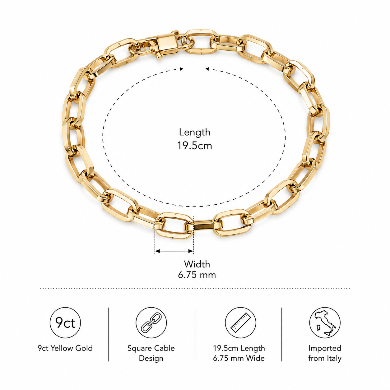 9ct Yellow Gold Square Cable Bracelet 19.5cm x 6,75mm