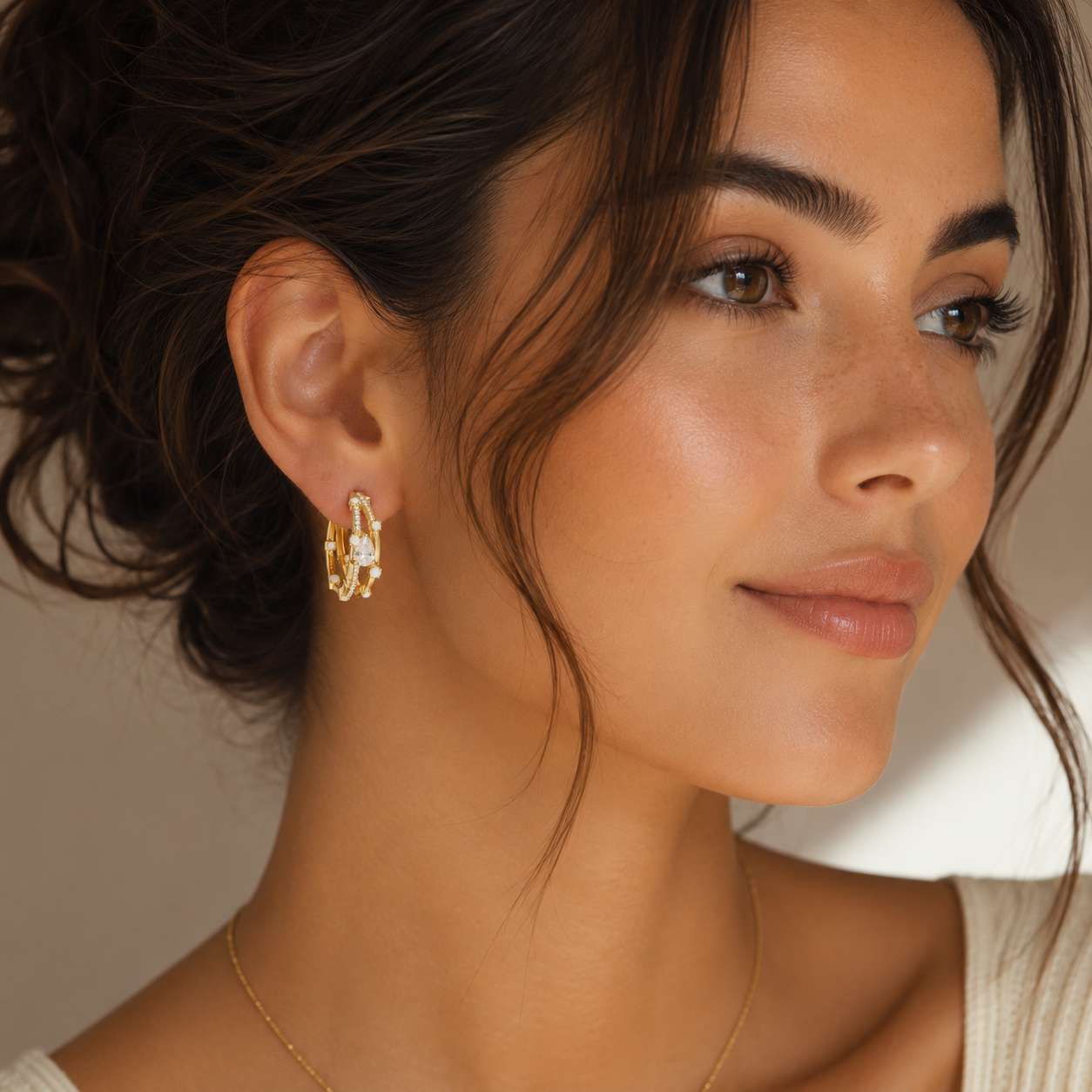 Triple Hoop White Opal & Diamond Stud Earrings – 25mm