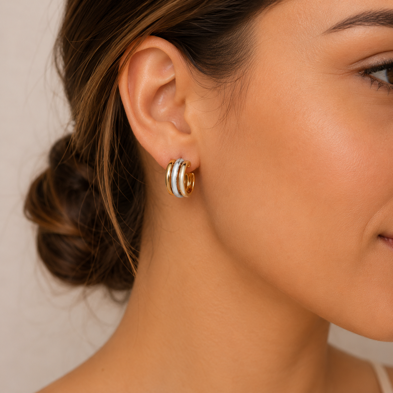 9ct Yellow & White Gold Triple Strand Hoop Earrings