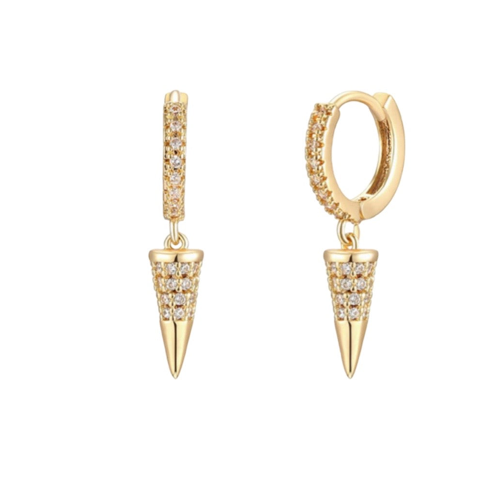 cone charm huggie earrings in gold with cubic zirconias