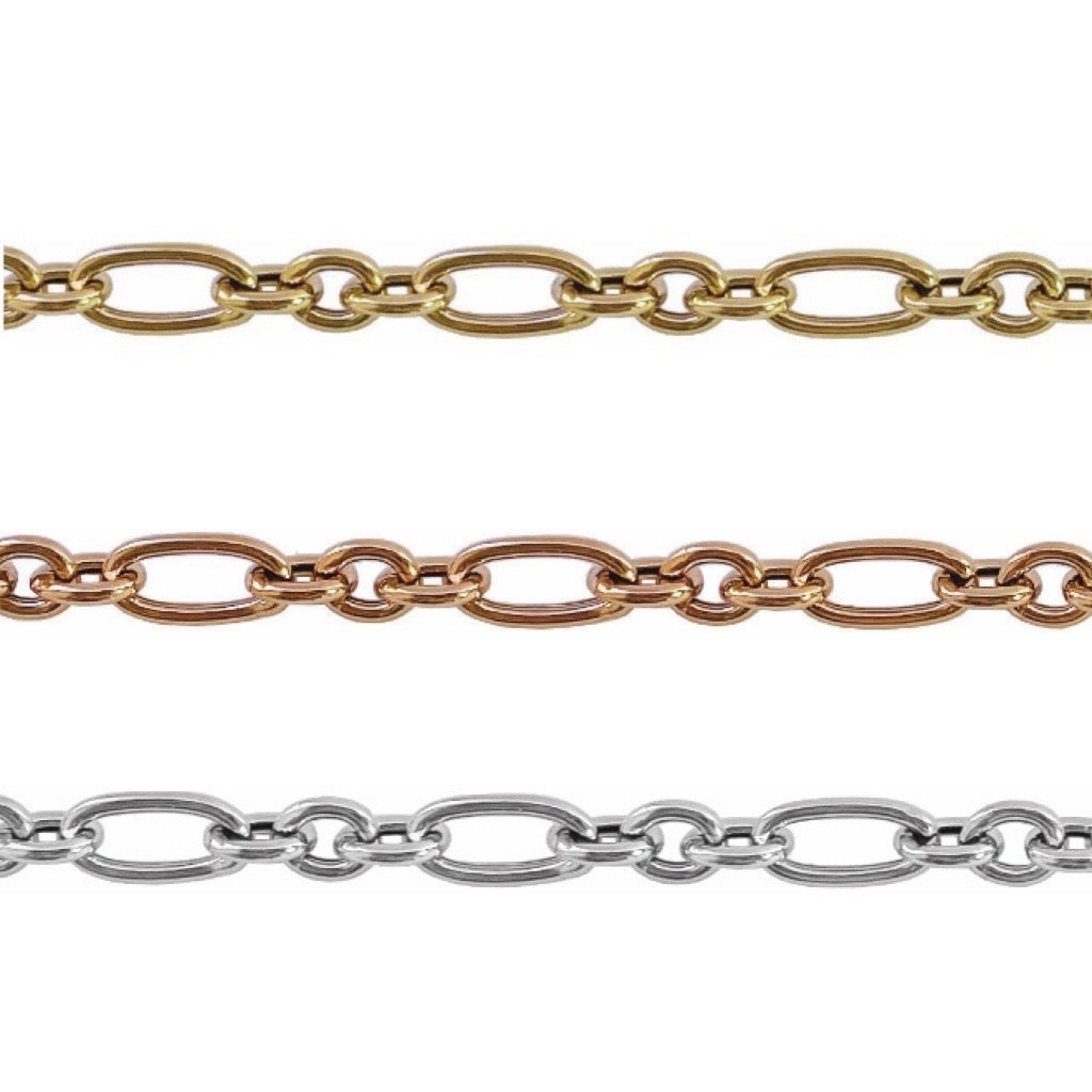 rolo links interlocked with three small links and one medium link in rose gold, yellow gold  or a  silver chain