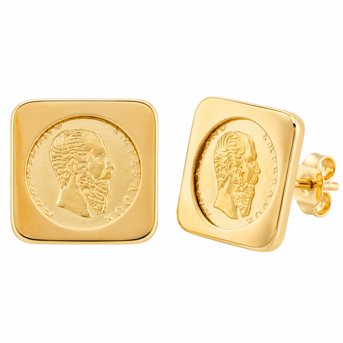 Square Peso Stud Earrings In 9t Yellow Gold - Unisex 11mm