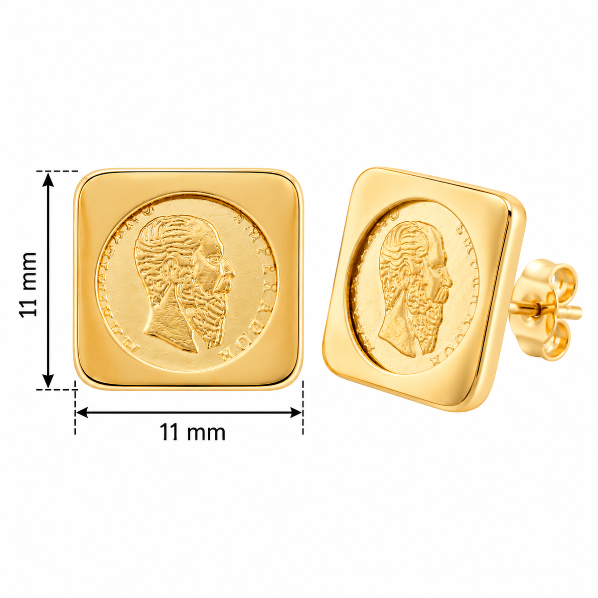 Square Peso Stud Earrings In 9t Yellow Gold - Unisex 11mm