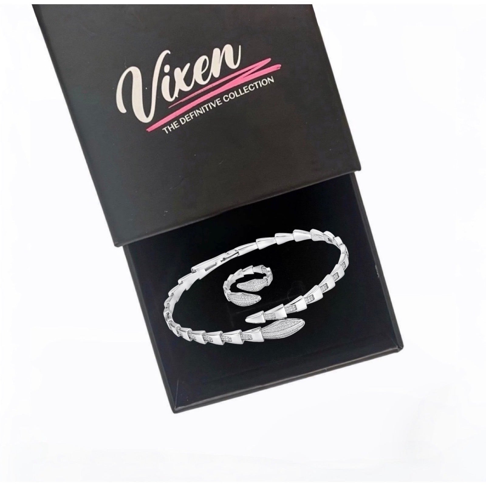 Statement Snake Bracelet and Ring Set - Silver
