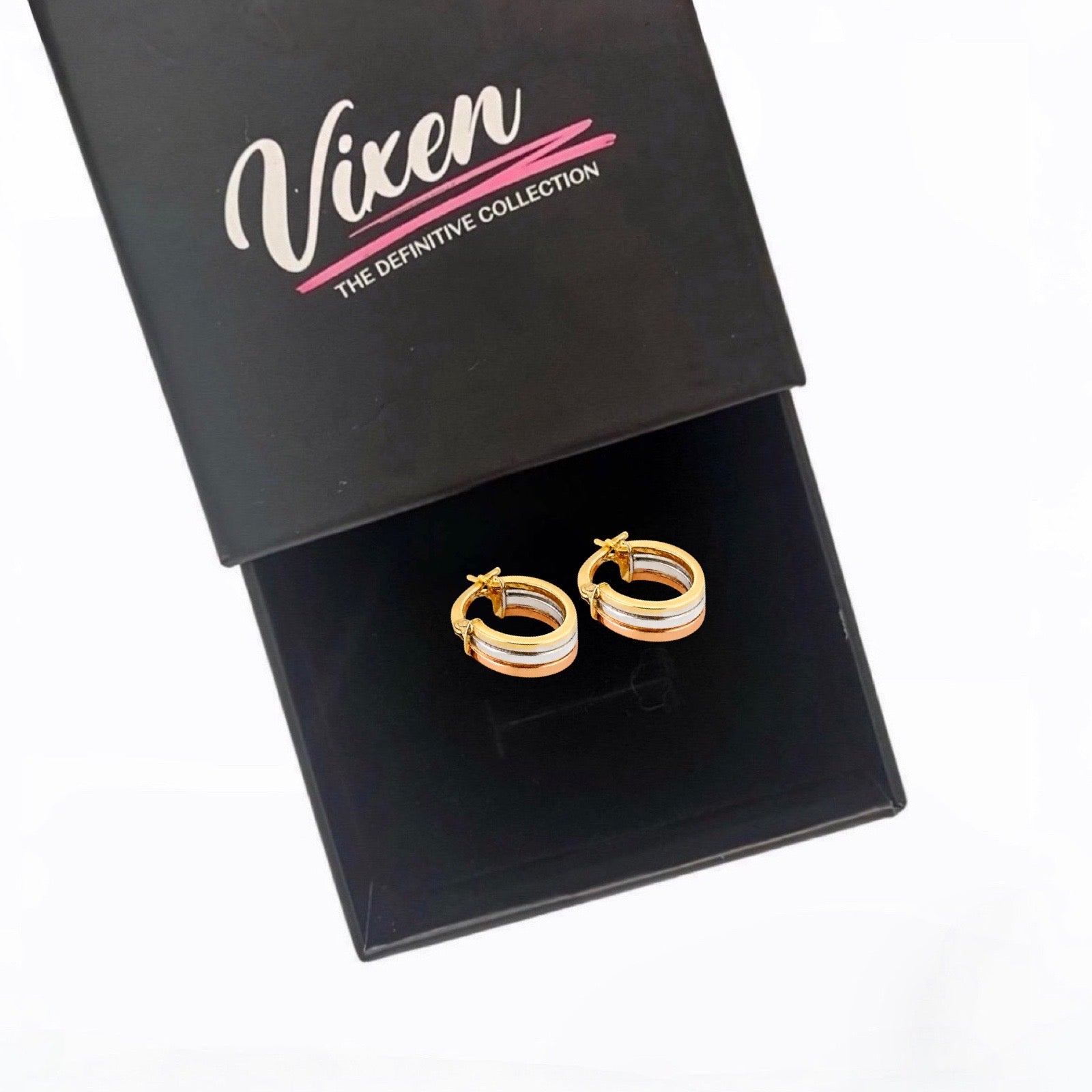9CT Yellow, White & Rose Gold Hoop Earrings – 14mm x 4.5mm