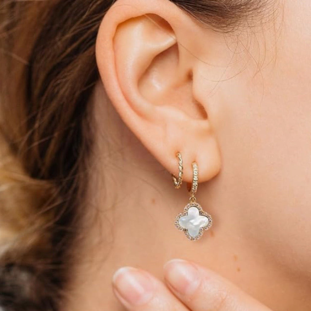 Classy Clover Earrings in White And Gold (30mm length)