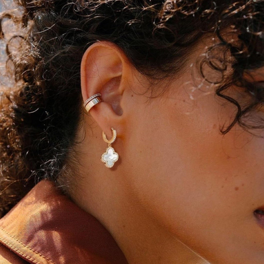 Classy Clover Earrings in White And Gold (30mm length)