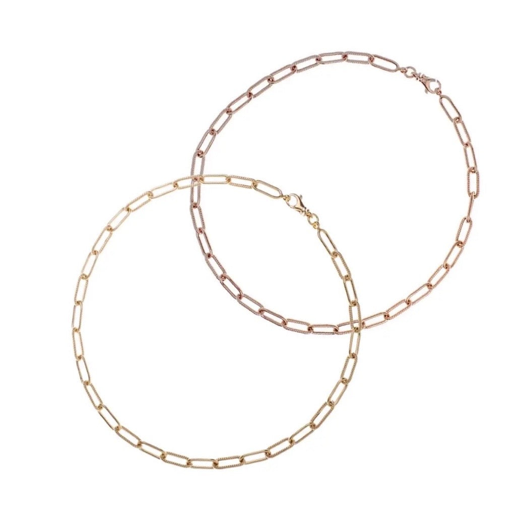 Large link Paperclip necklaces in rose gold and n yellow gold