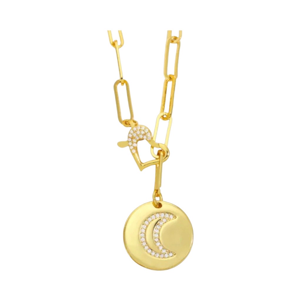 gold paperclip necklace with round disk and half moon in cubic zirconias