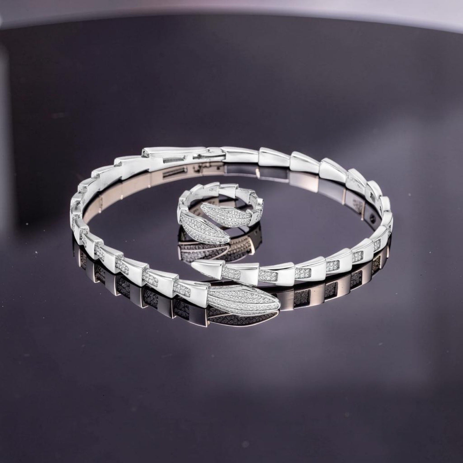 Statement Snake Bracelet and Ring Set - Silver