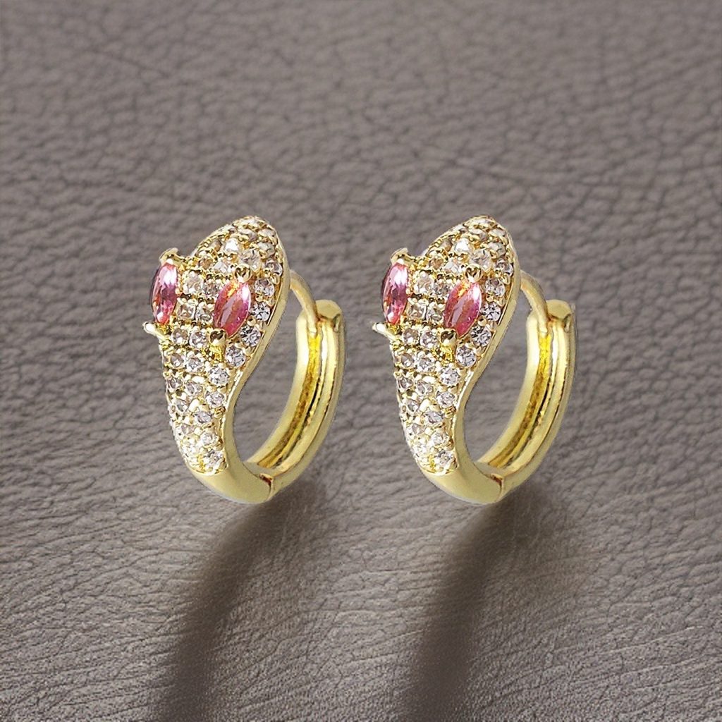Snake Huggie Earrings with Pink Cubic Zirconia Eyes (10mm diameter)
