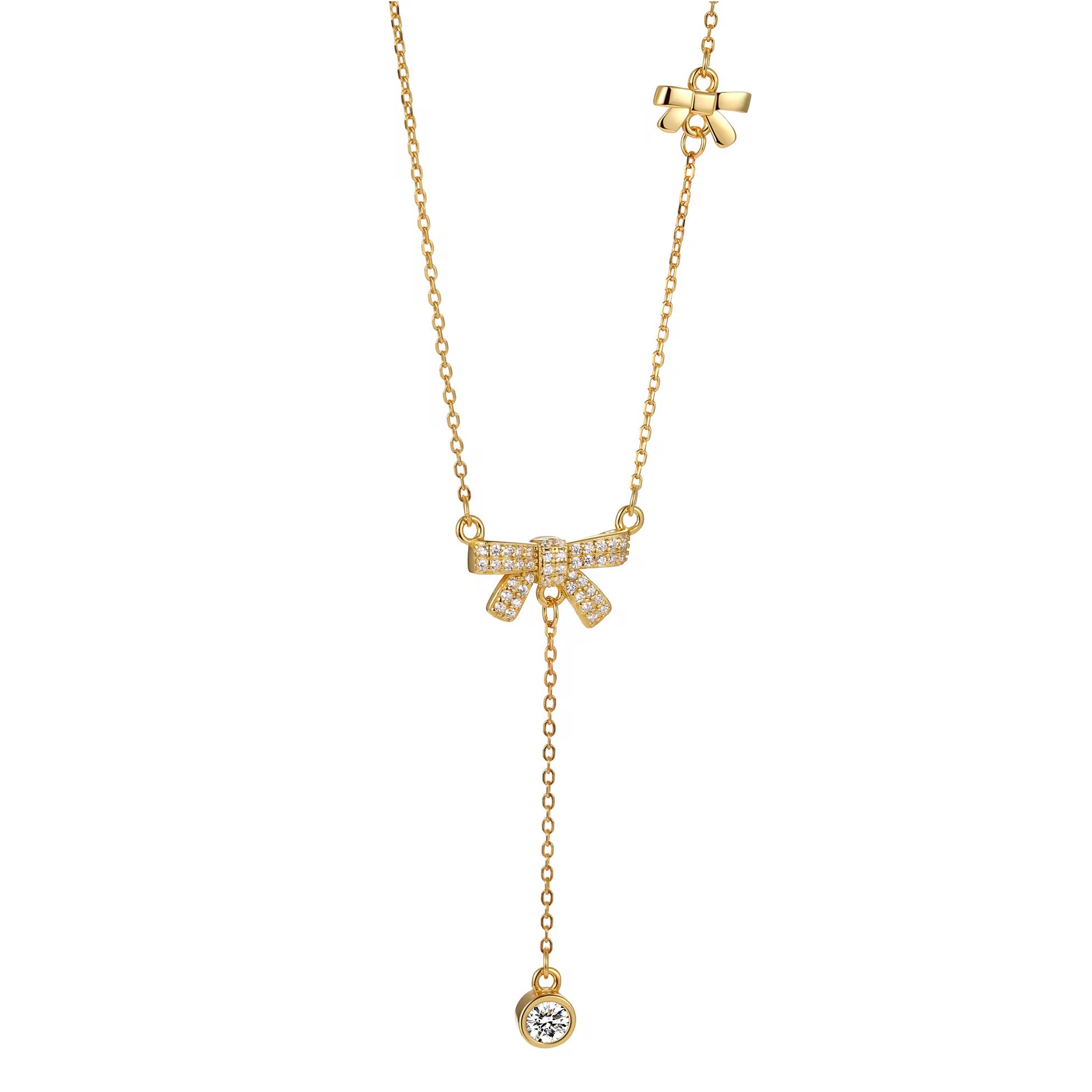 the bow necklace in gold plated with lariat cubic zirconia hanging charm