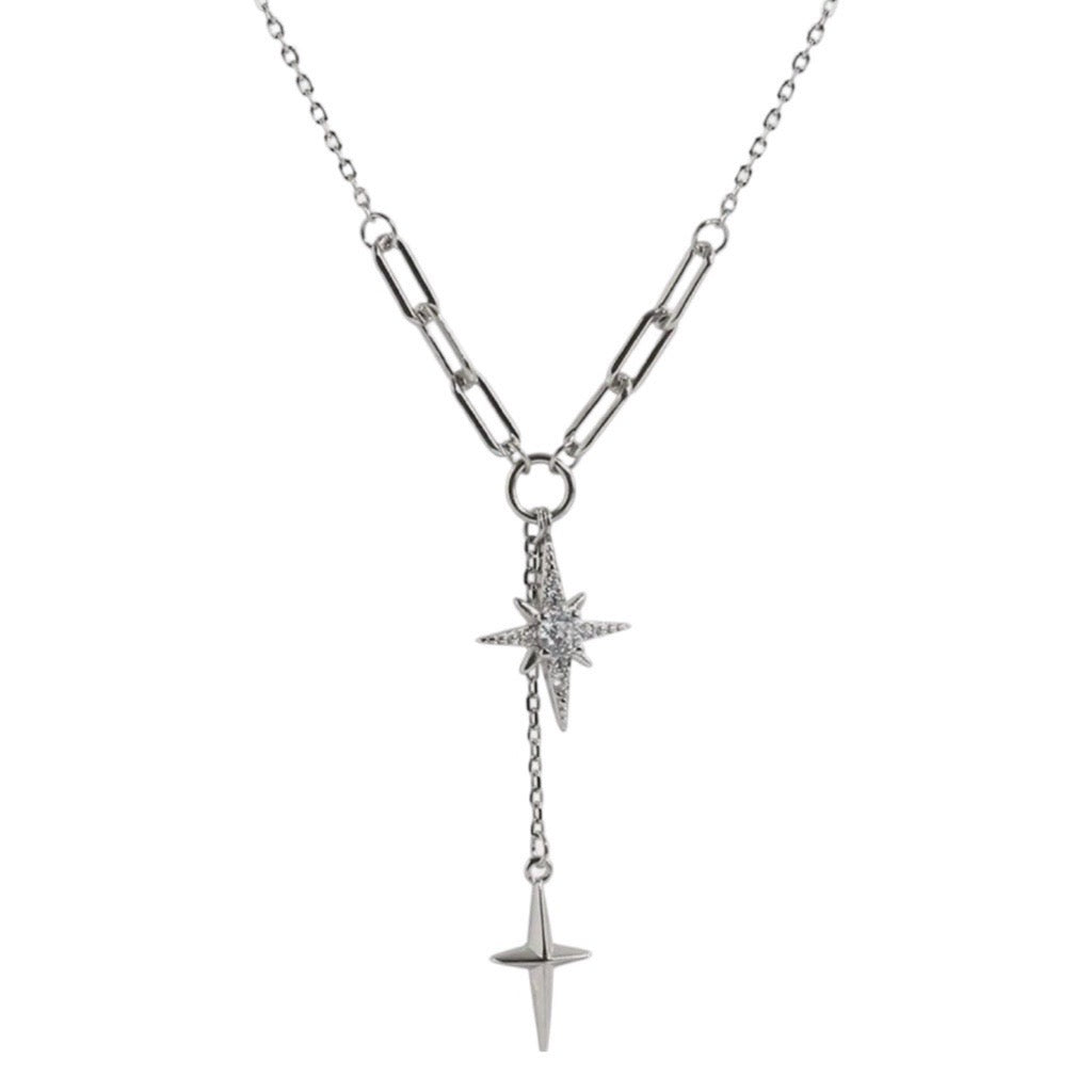 The Silver Paperclip Northern Star and Cross Lariat Necklace