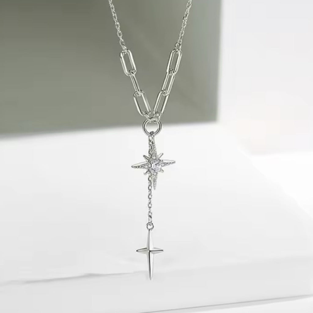 The Silver Paperclip Northern Star and Cross Lariat Necklace