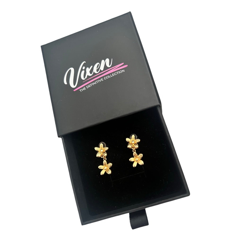 Two Flowers Stud Drop Earrings displayed in vixen jewellery box