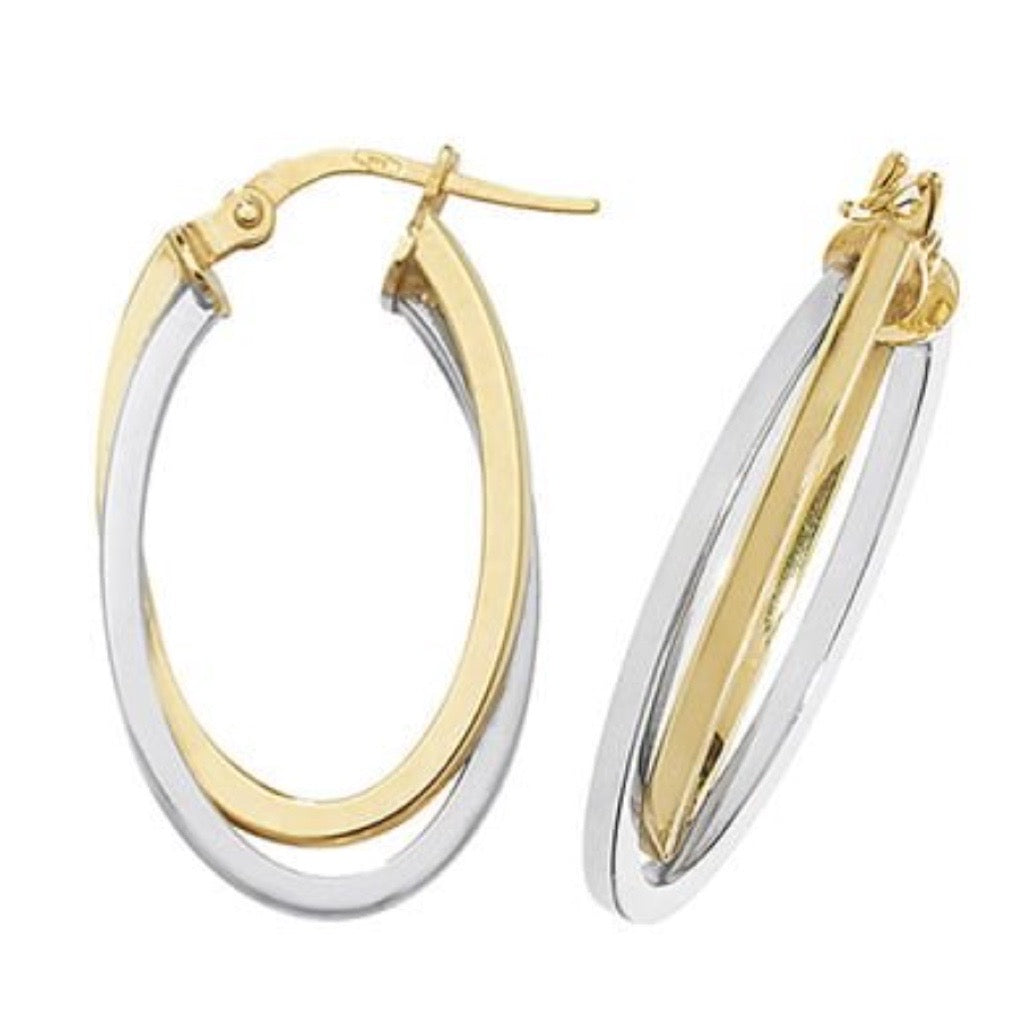 Two Tone Oval Hoops (28mm x 10mm) 9kt yellow gold and white gold