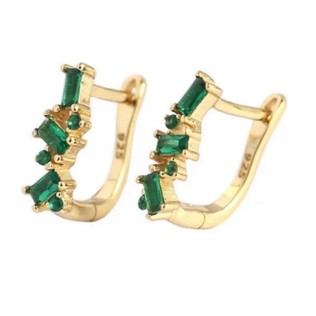 U Shaped Huggie Earrings Green and Gold