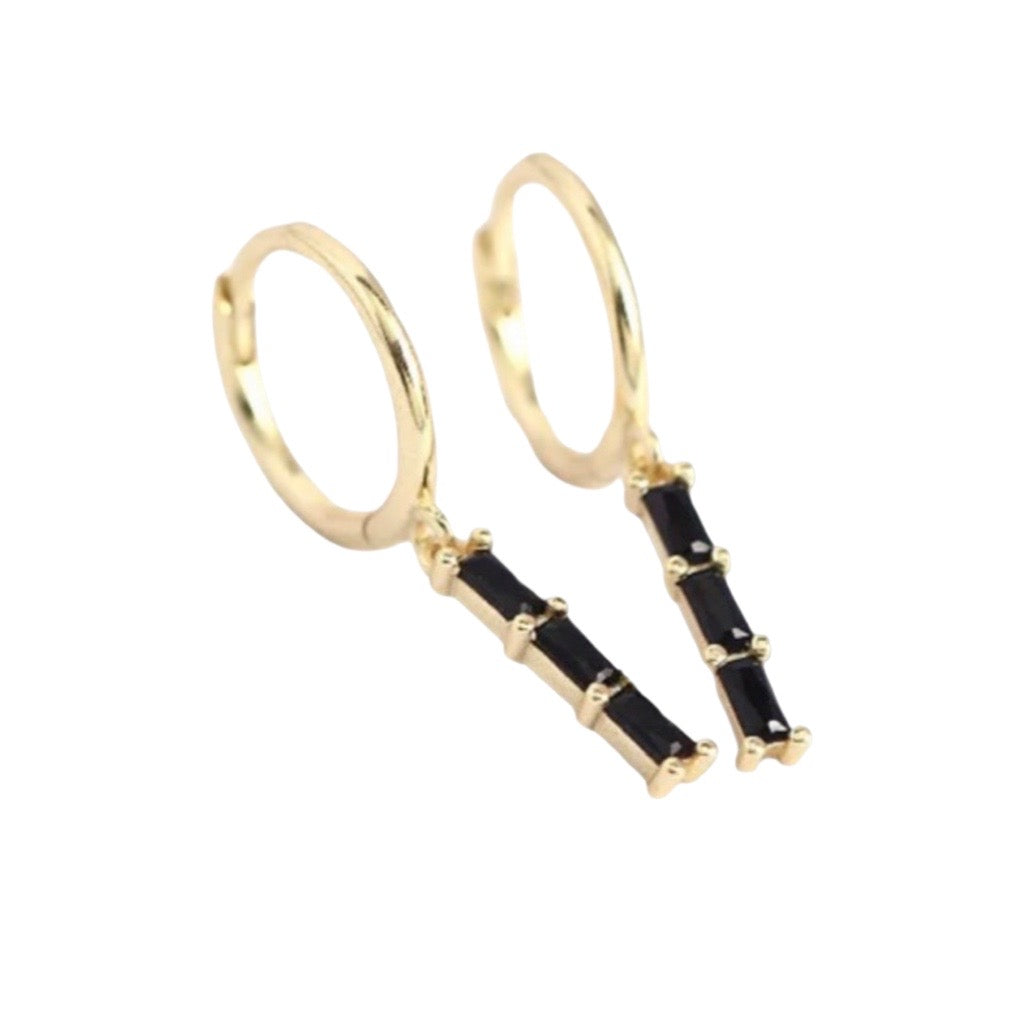 huggie earrings with black and gold drop bar earrings