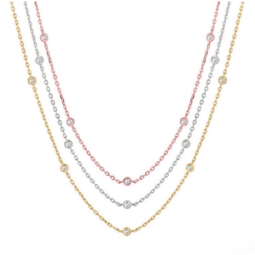 9kt yellow gold, rose gold or white gold by the yard necklaces with cubic zirconias in a bezel setting