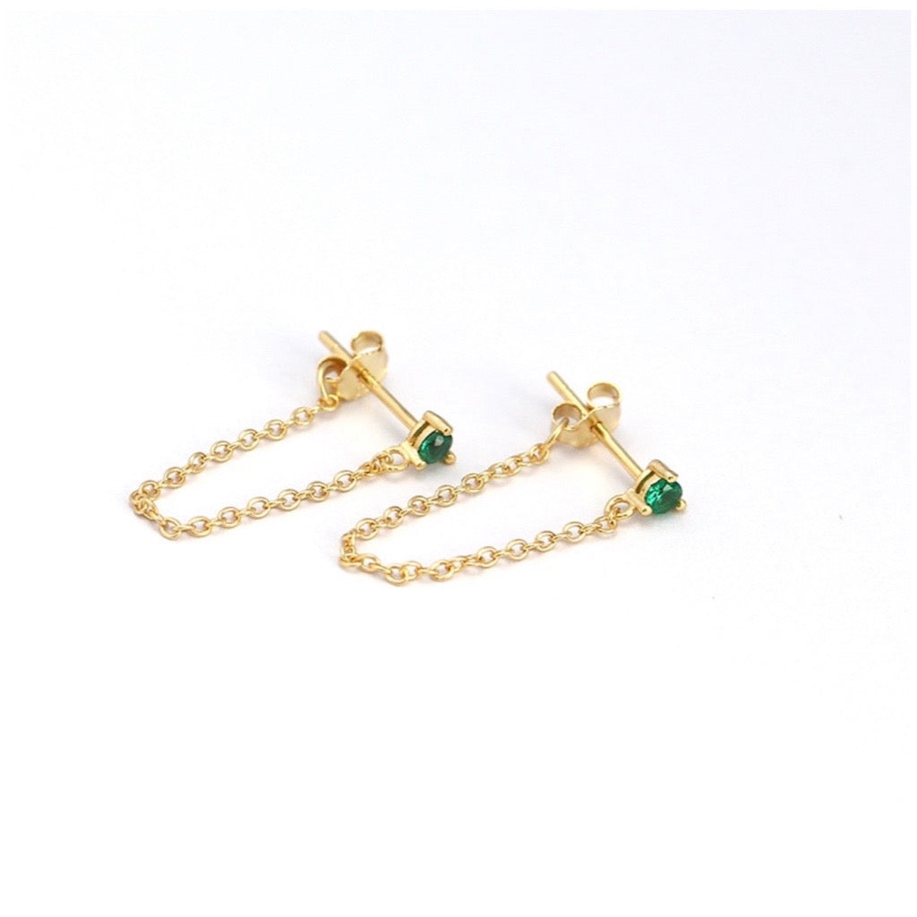 chain drop earrings in emeral green and gold