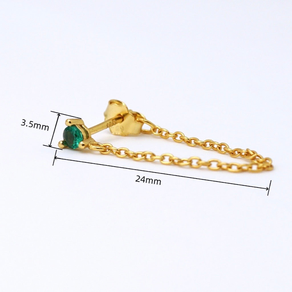 chain drop earrings in emeral green and gold