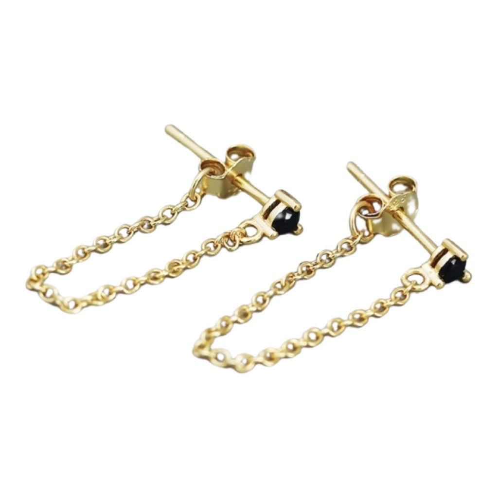 chain drop earrings in black and gold  with a stud backing