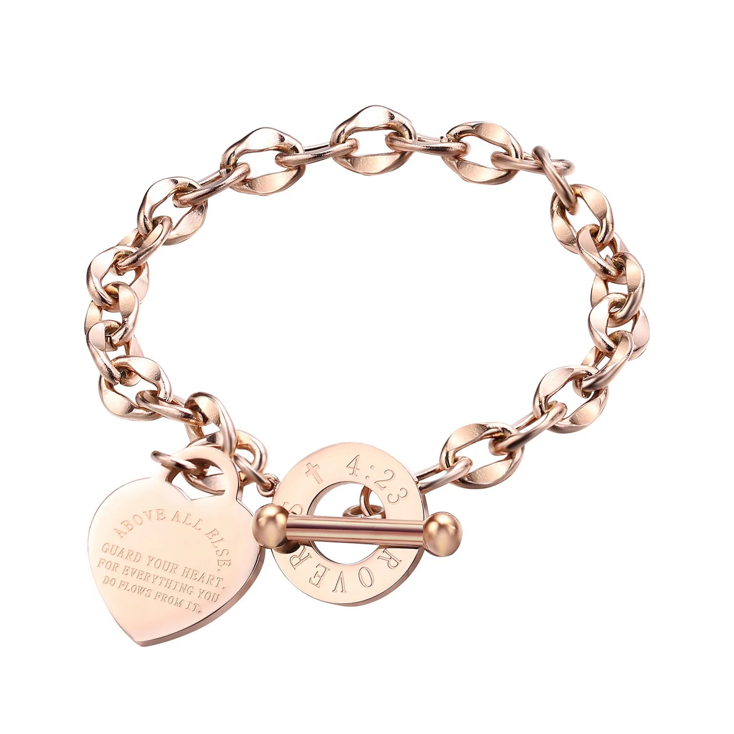 charm bracelet in stainless steel rose gold with proverb inscribed on the heart 