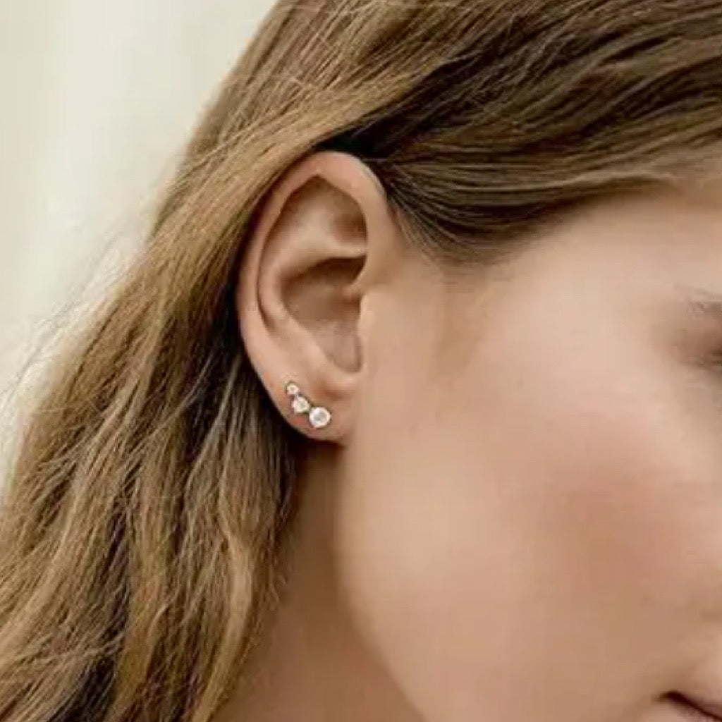 climber earrings with three cubic zirconias circles  on model