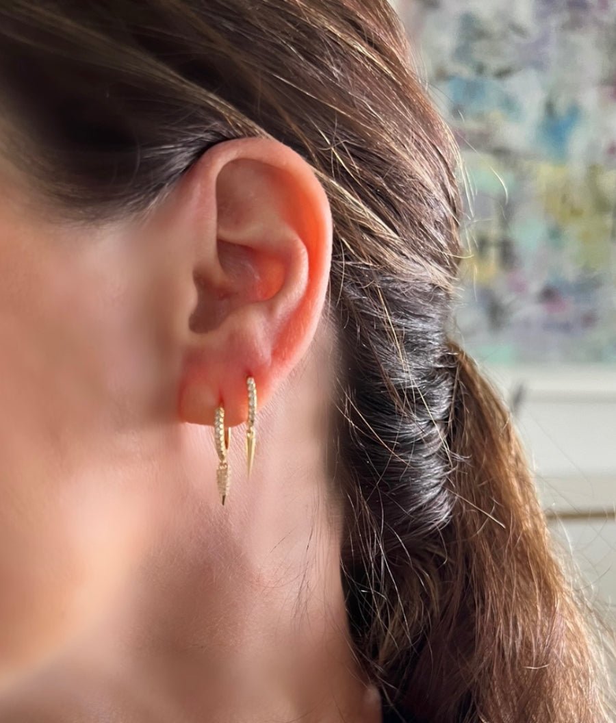 cone charm huggie earrings in gold with cubic zirconias
